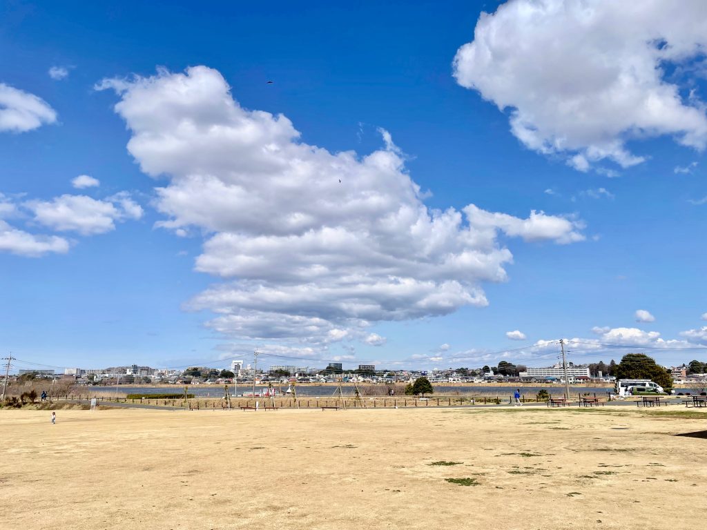 芝生ひろばと青空とおくに見える手賀沼の写真。