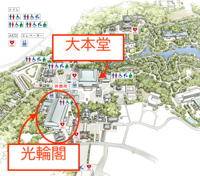 成田山新勝寺の授乳室がある光輪閣の地図