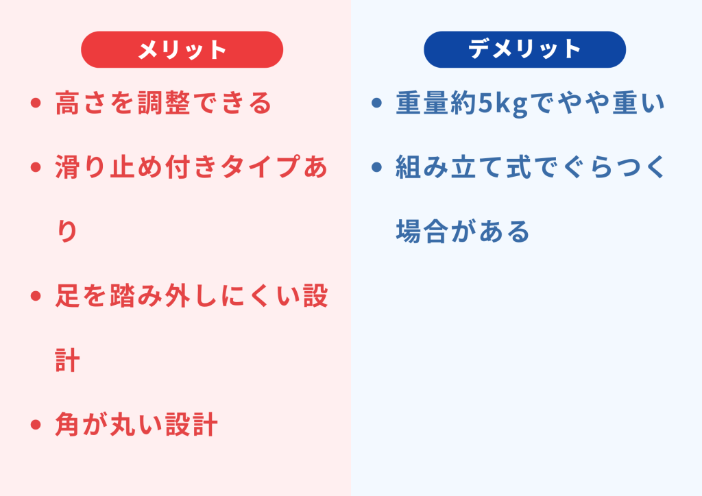 スリーピーステップ＆スツールのメリットは高さ調整できる・デメリットはぐらつくかも